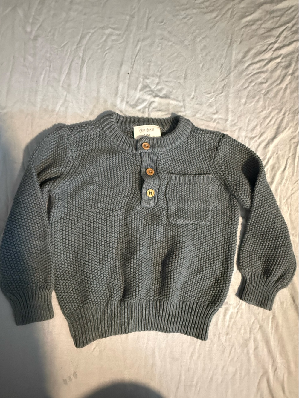 Okie Dokie Gray/Blue Knit Sweater 12M Button Shoulder Pocket Pullover